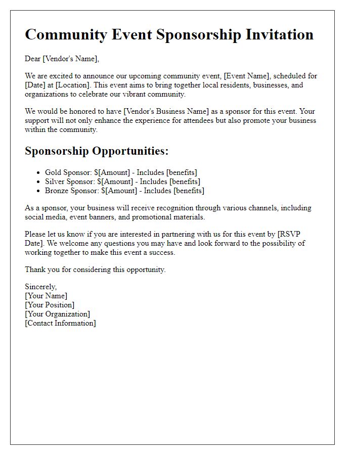 Letter template of community event sponsorship invitation for local vendors