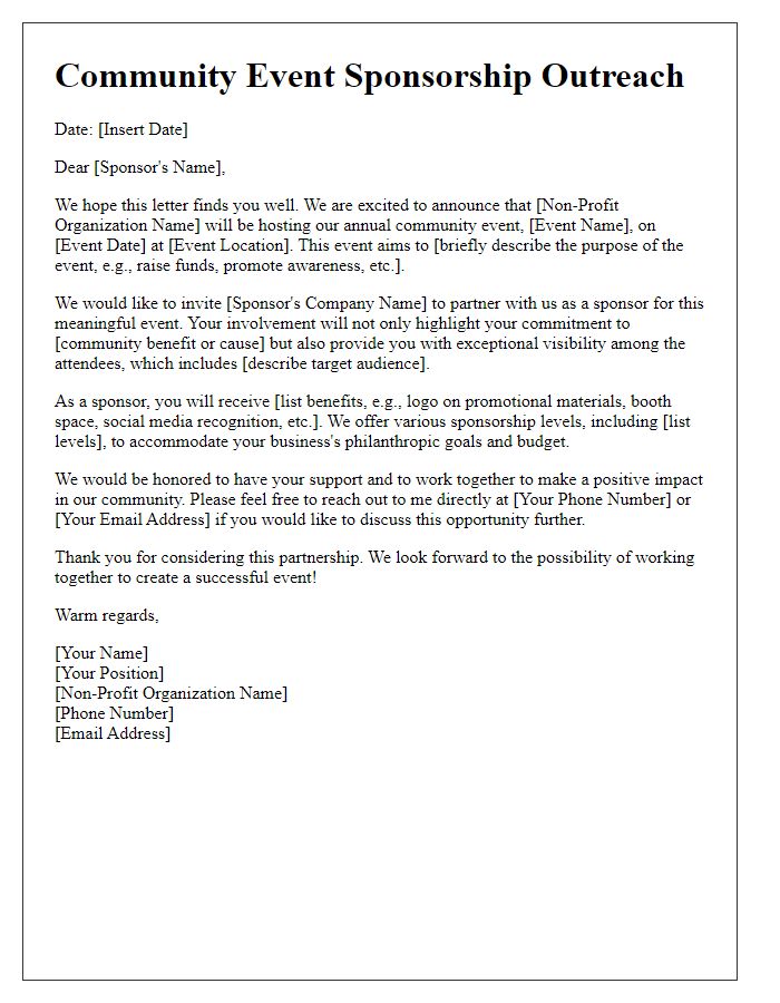 Letter template of community event sponsorship outreach for non-profits