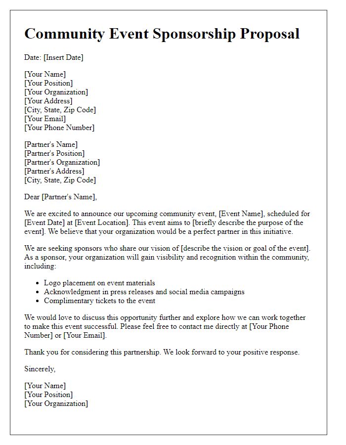 Letter template of community event sponsorship proposal for potential partners