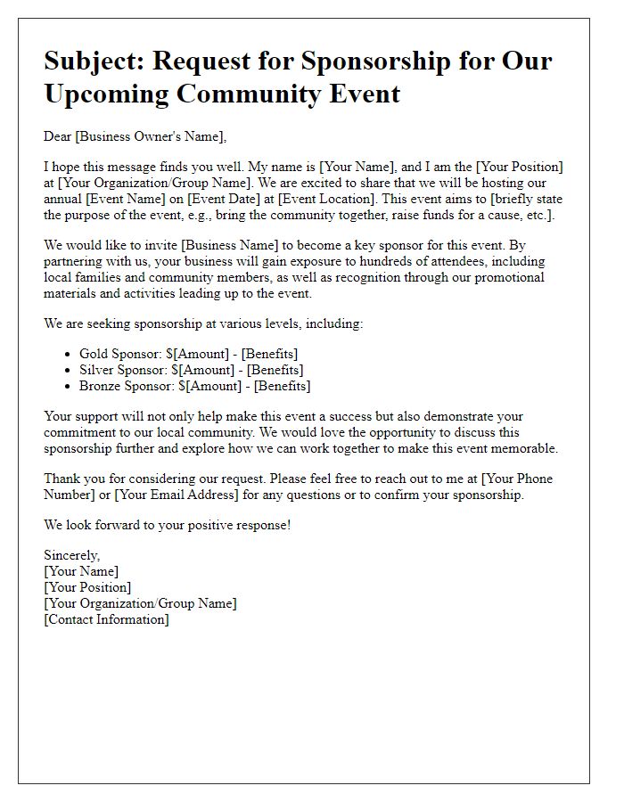 Letter template of community event sponsorship request for local businesses