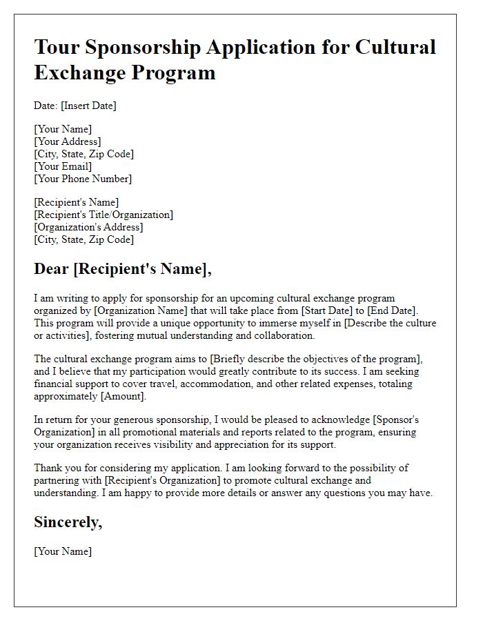 Letter template of tour sponsorship application for cultural exchange program.