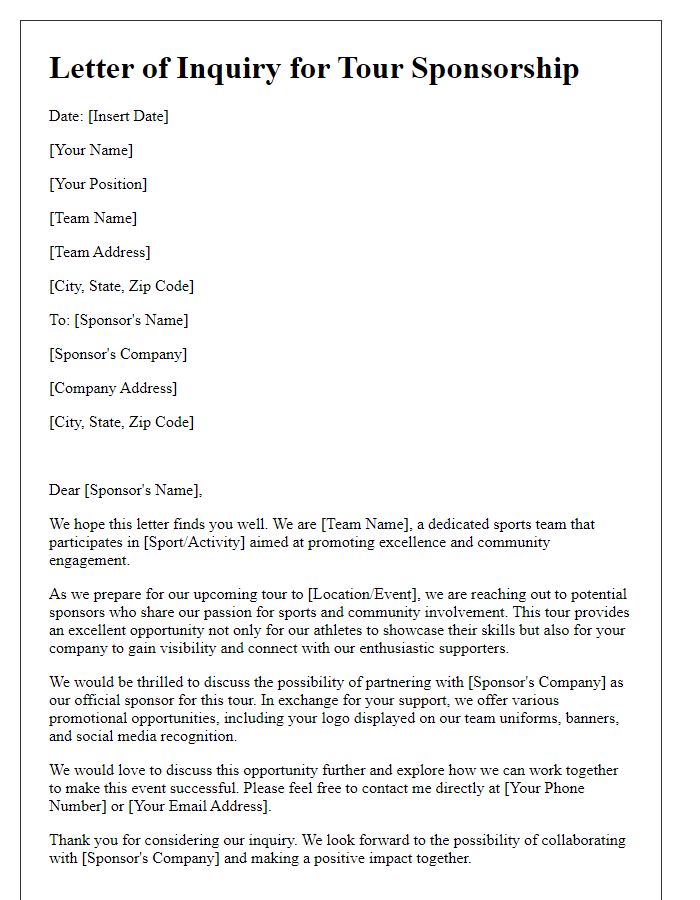 Letter template of tour sponsorship inquiry for sports team.