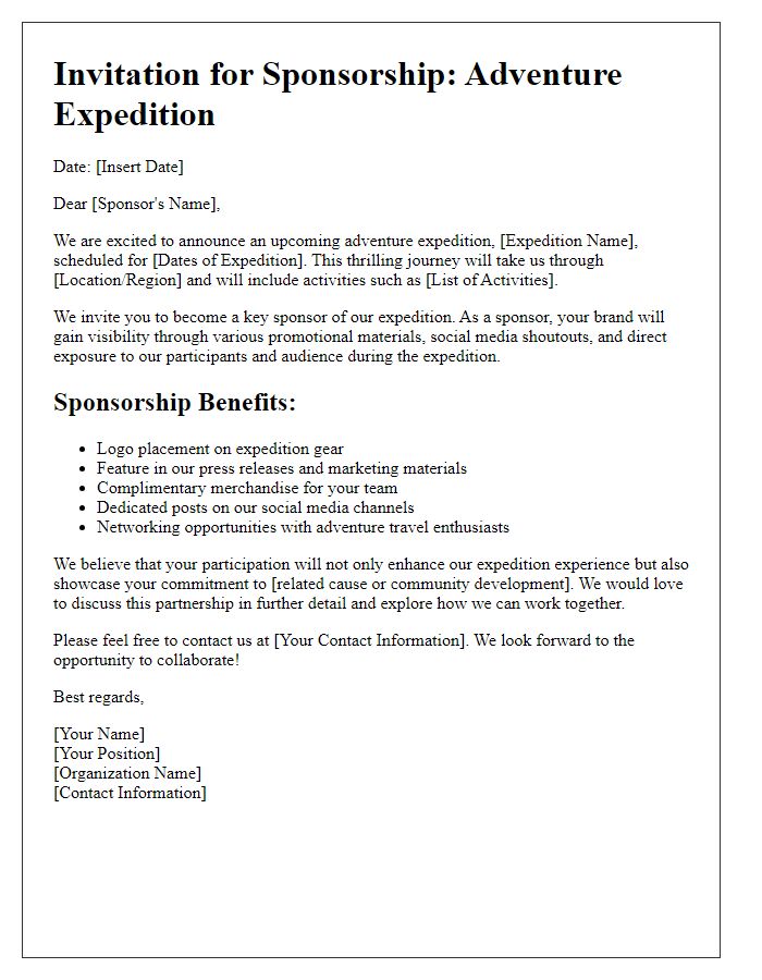 Letter template of tour sponsorship invitation for adventure expedition.