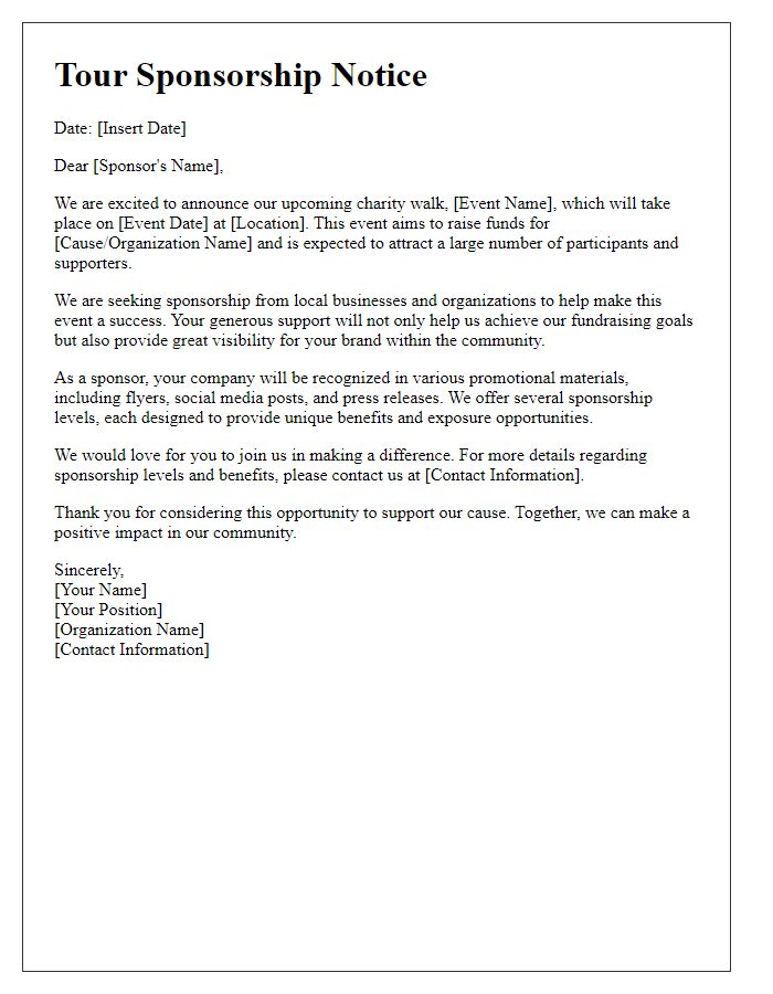 Letter template of tour sponsorship notice for charity walk.