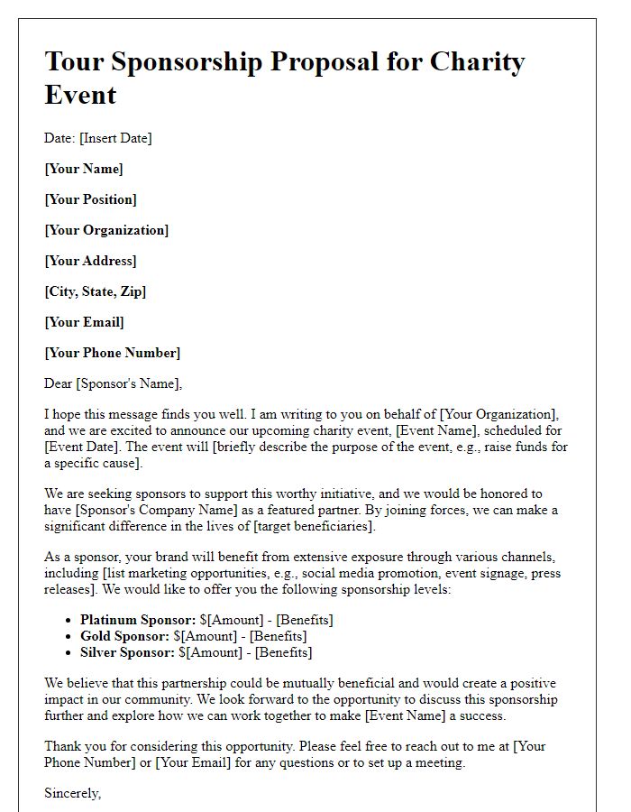 Letter template of tour sponsorship proposal for charity event.