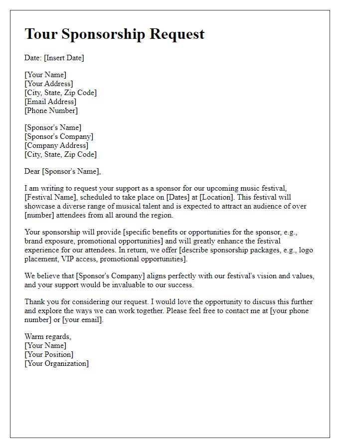 Letter template of tour sponsorship request for music festival.