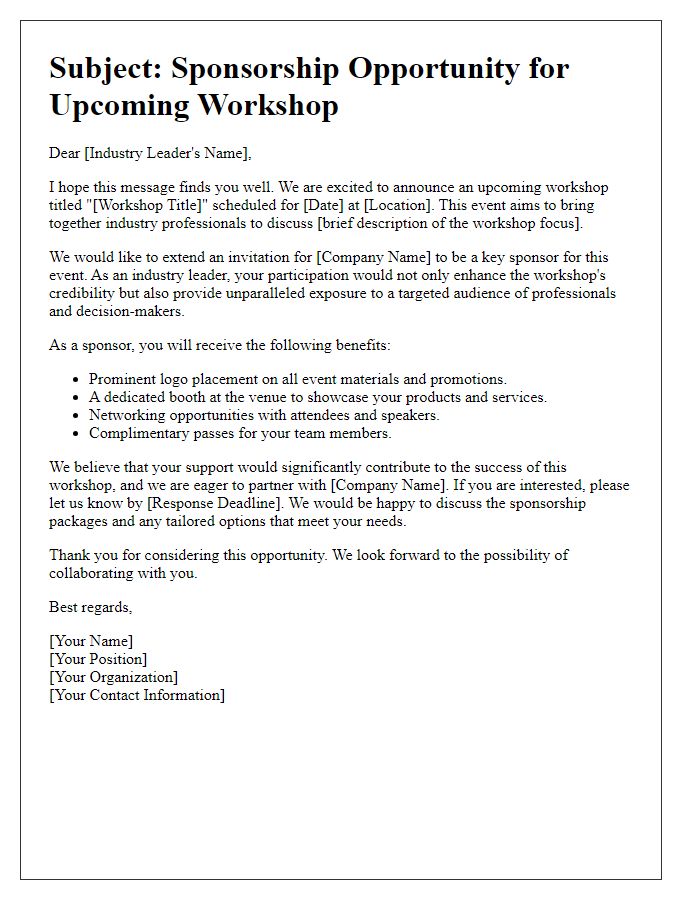 Letter template of workshop sponsorship letter for industry leaders.