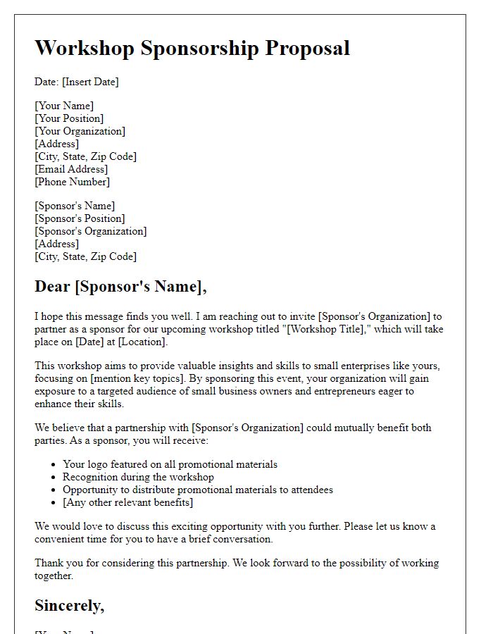 Letter template of workshop sponsorship pitch for small enterprises.