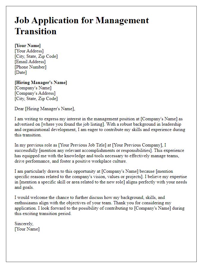 Letter template of job application for management transition.