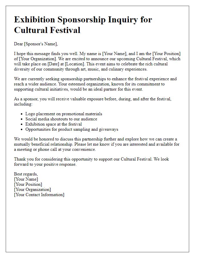 Letter template of Exhibition Sponsorship Inquiry for Cultural Festival