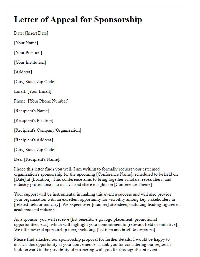 Letter template of appeal for sponsorship of scholarly conference.