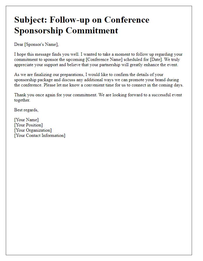 Letter template of follow-up on conference sponsorship commitment.