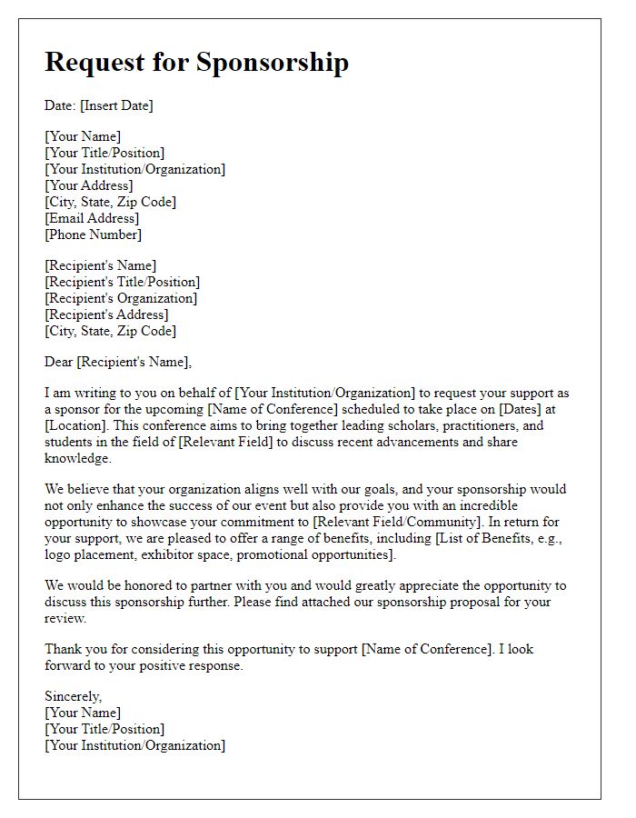 Letter template of request for academic conference sponsorship.