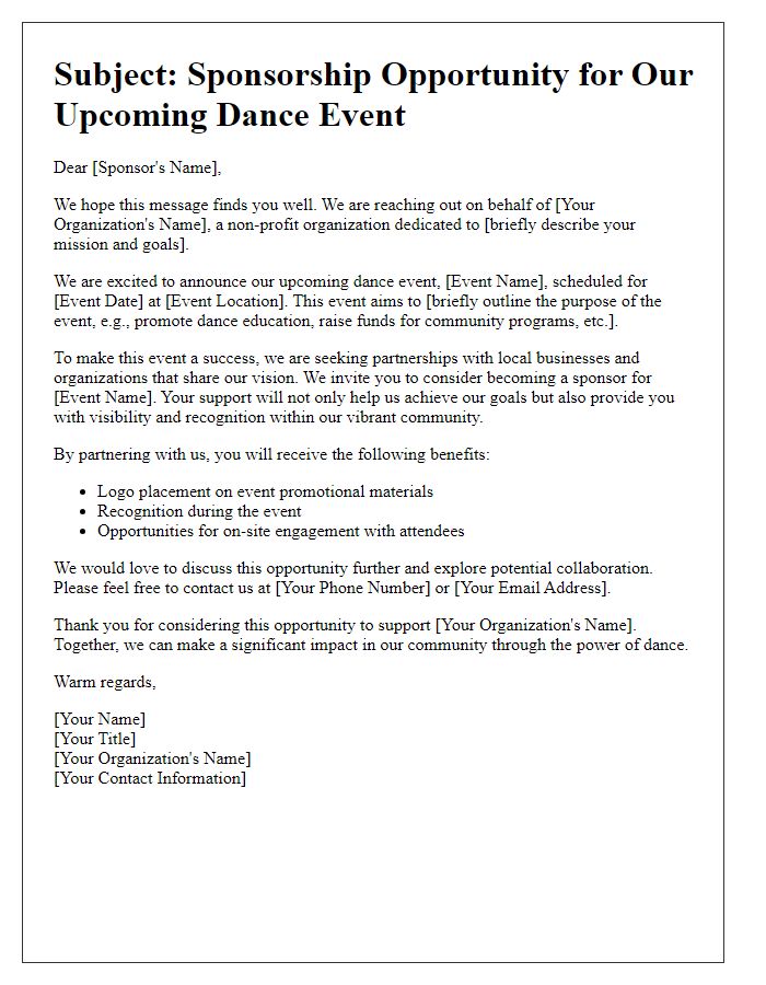 Letter template of dance event sponsorship appeal for non-profit collaborations