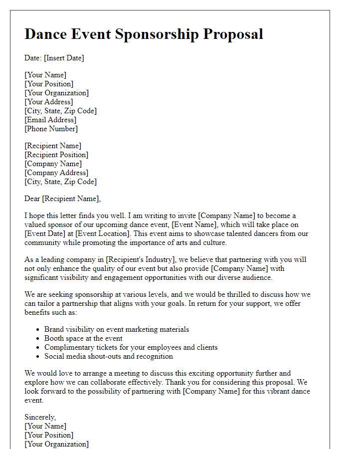 Letter template of dance event sponsorship proposal for corporate partners