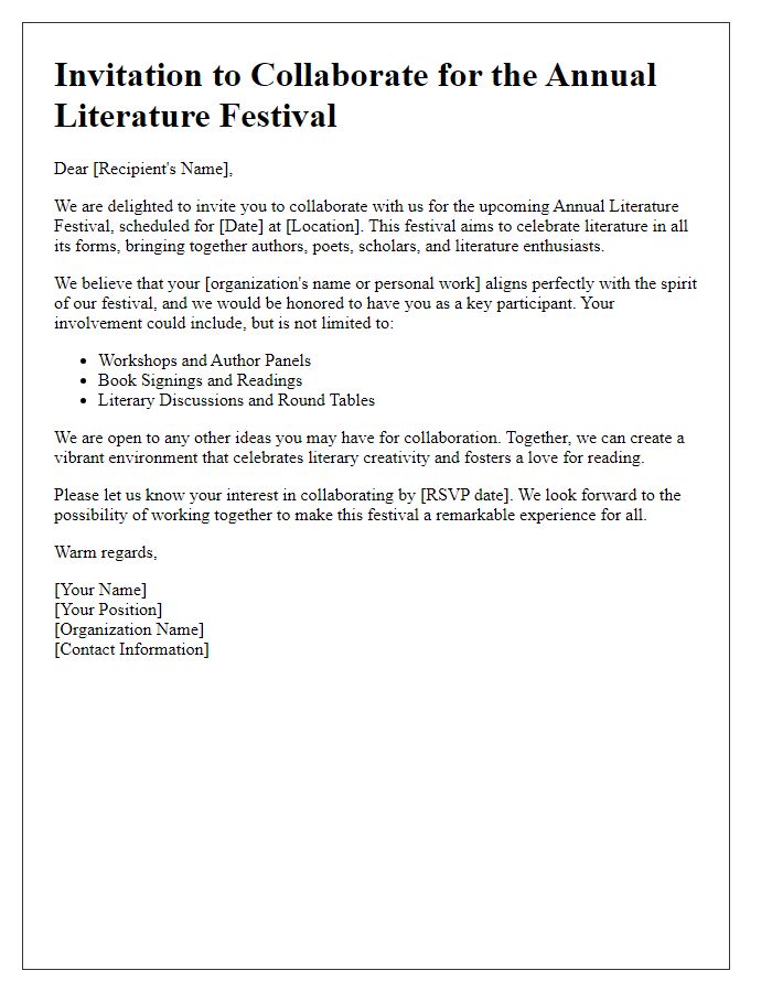 Letter template of collaboration invitation for literature festival