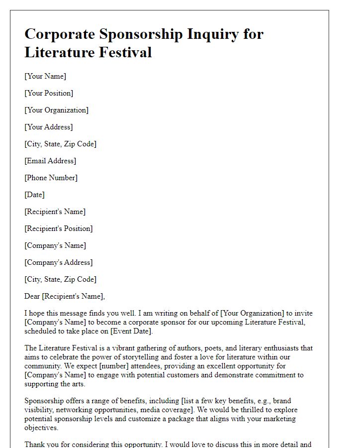 Letter template of corporate sponsorship inquiry for literature festival