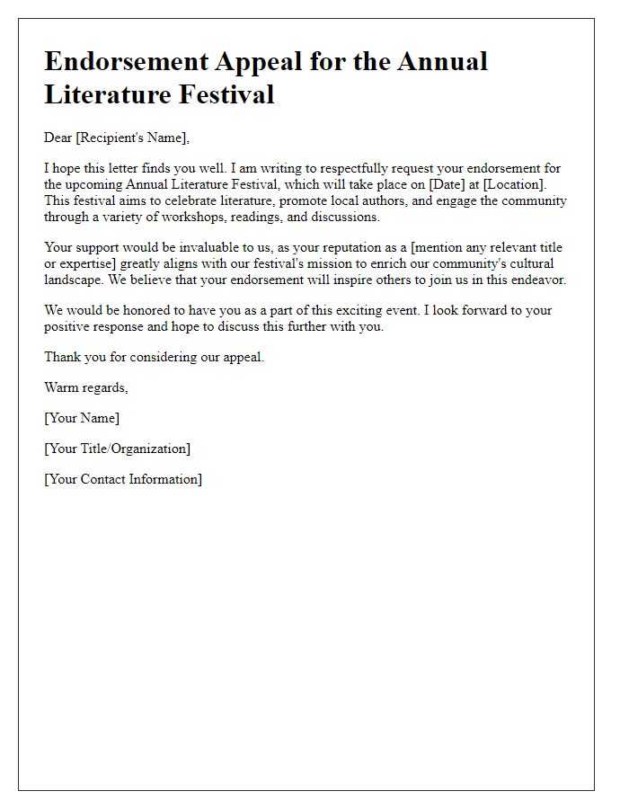 Letter template of endorsement appeal for literature festival