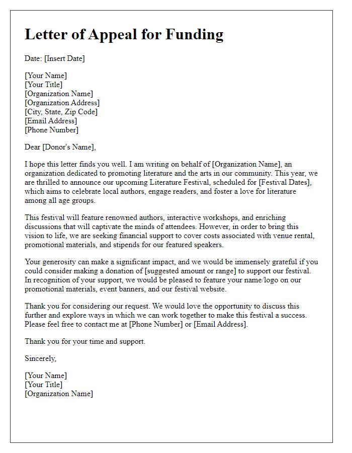 Letter template of funding appeal for literature festival