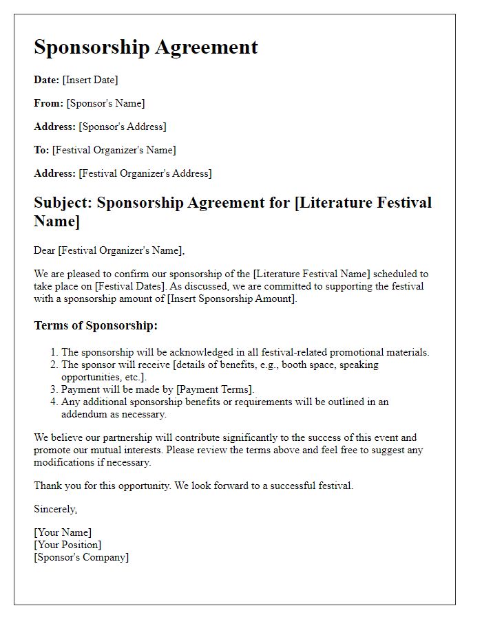 Letter template of sponsorship agreement for literature festival