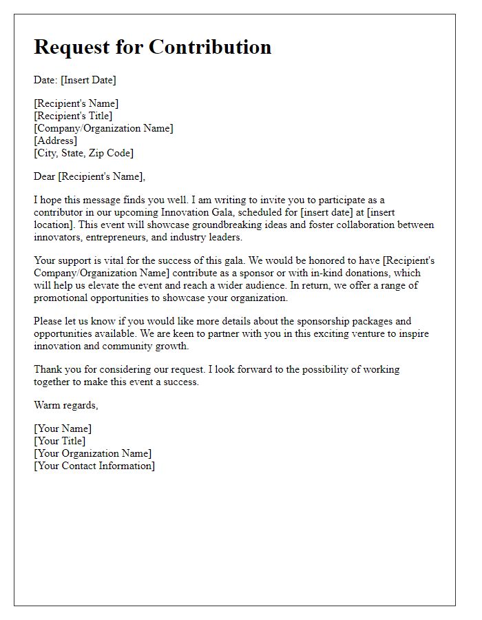 Letter template of request for contribution to an innovation gala