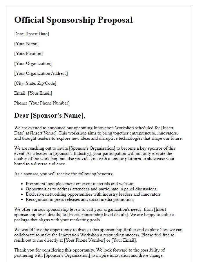 Letter template of sponsorship opportunity for an innovation workshop