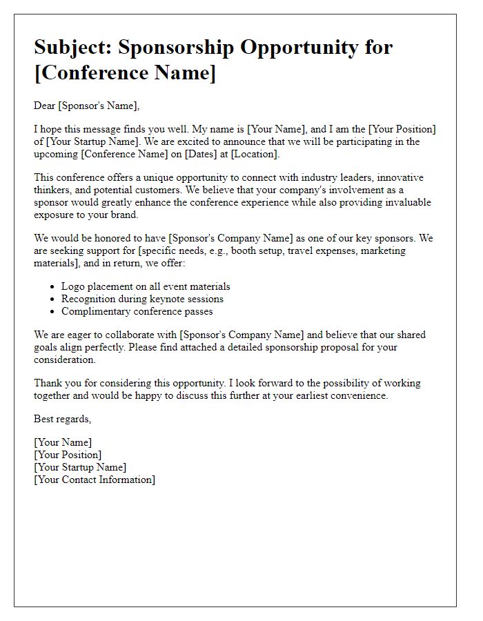 Letter template of startup sponsorship appeal for tech conference.