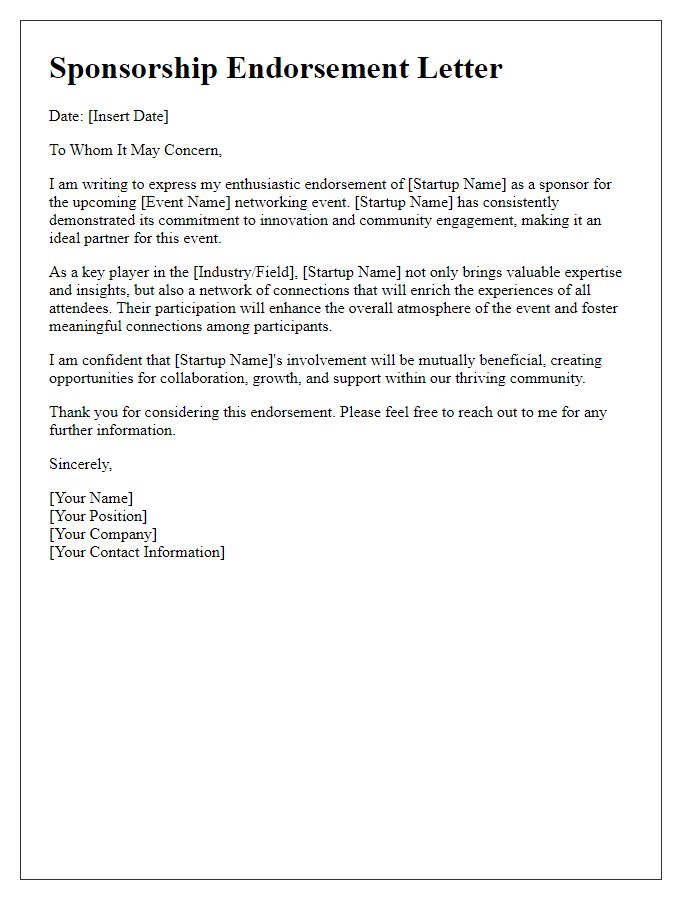 Letter template of startup sponsorship endorsement for networking event.