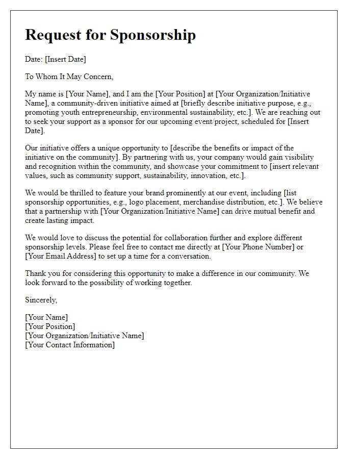 Letter template of startup sponsorship inquiry for community initiative.