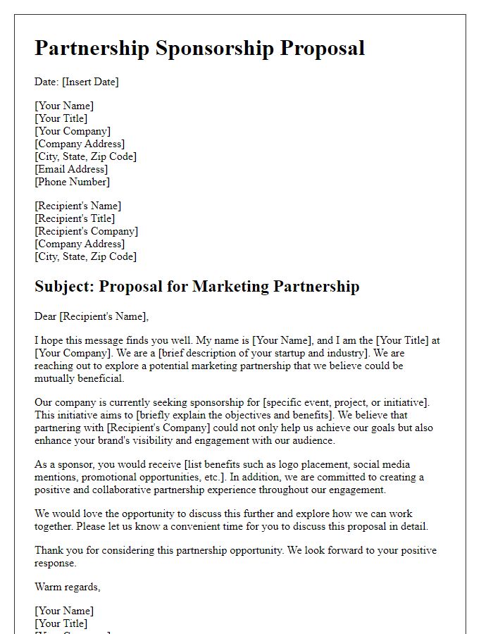 Letter template of startup sponsorship letter for marketing partnership.