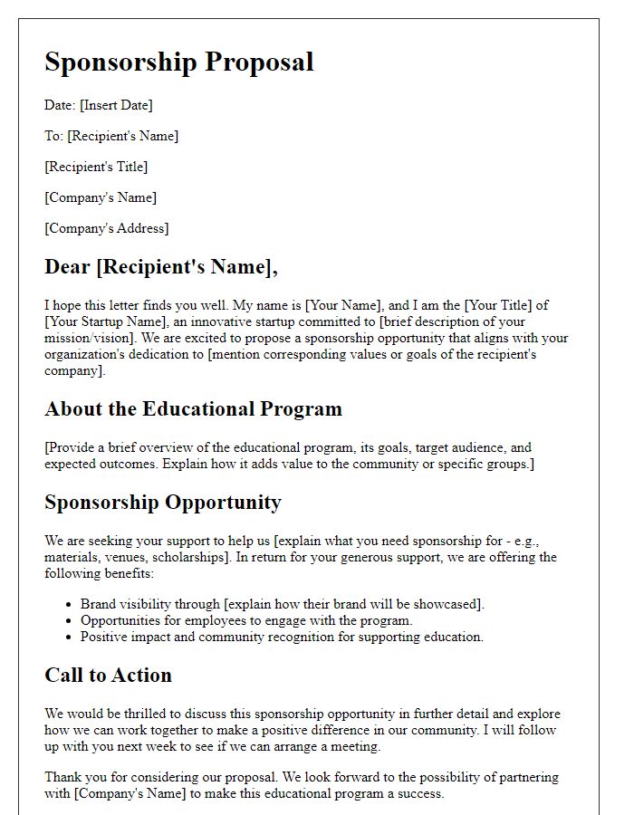 Letter template of startup sponsorship proposal for educational program.