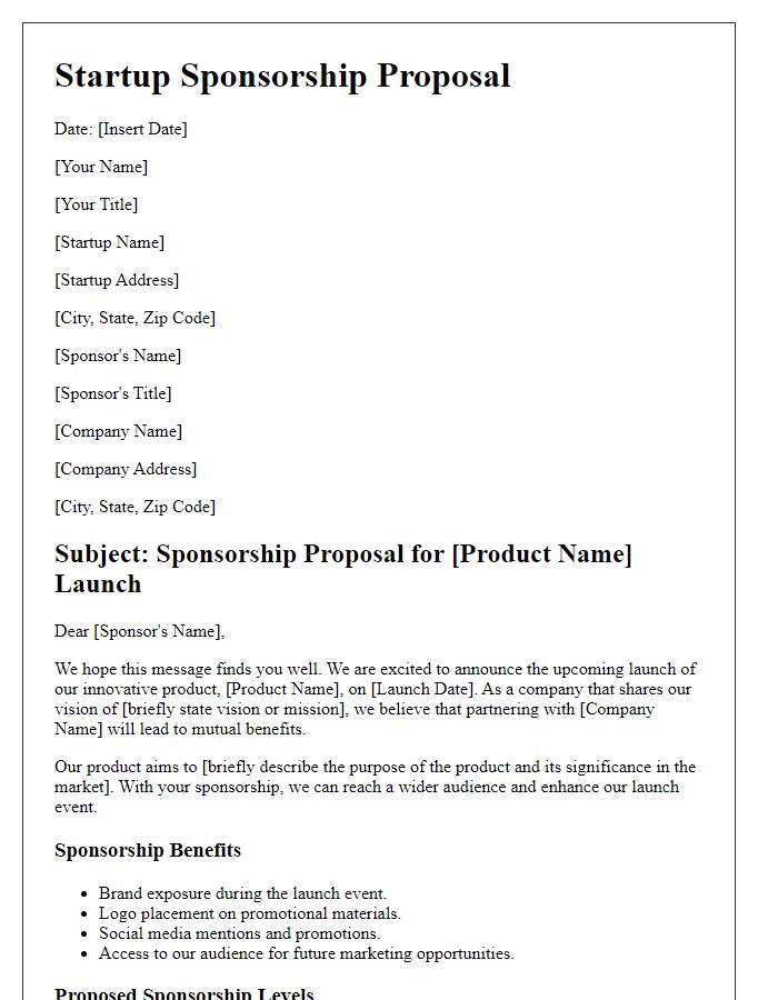 Letter template of startup sponsorship proposal for product launch.