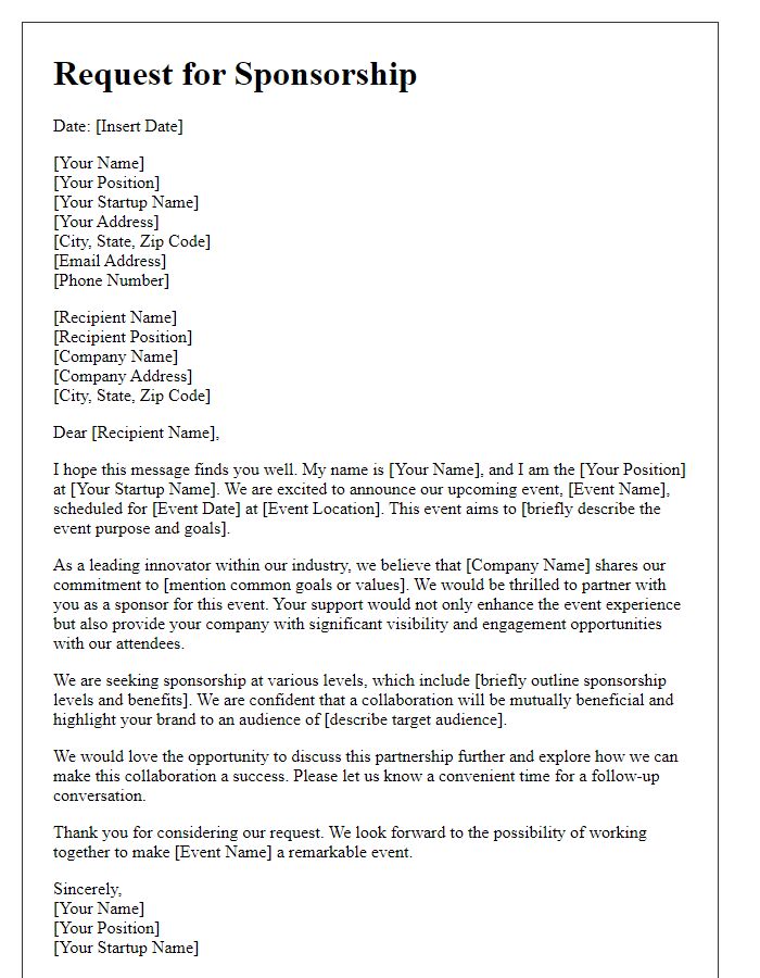 Letter template of startup sponsorship request for event collaboration.