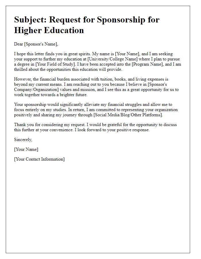 Letter template of sponsorship appeal for higher education