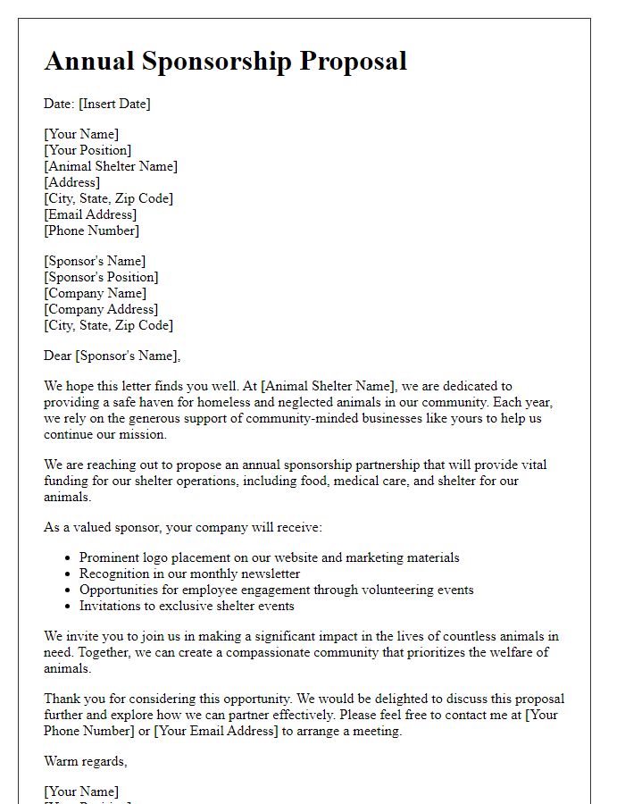 Letter template of annual sponsorship proposal for animal shelter