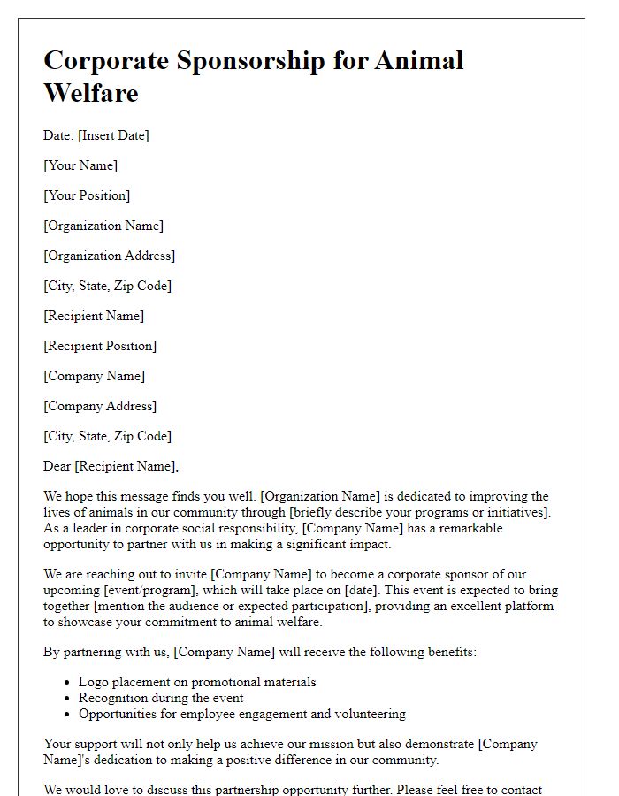 Letter template of corporate sponsorship for animal welfare