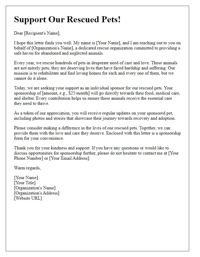 Letter template of individual sponsorship appeal for rescued pets