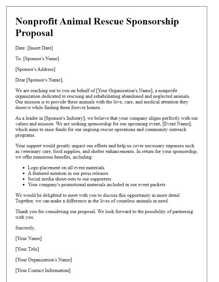 Letter template of nonprofit animal rescue sponsorship proposal