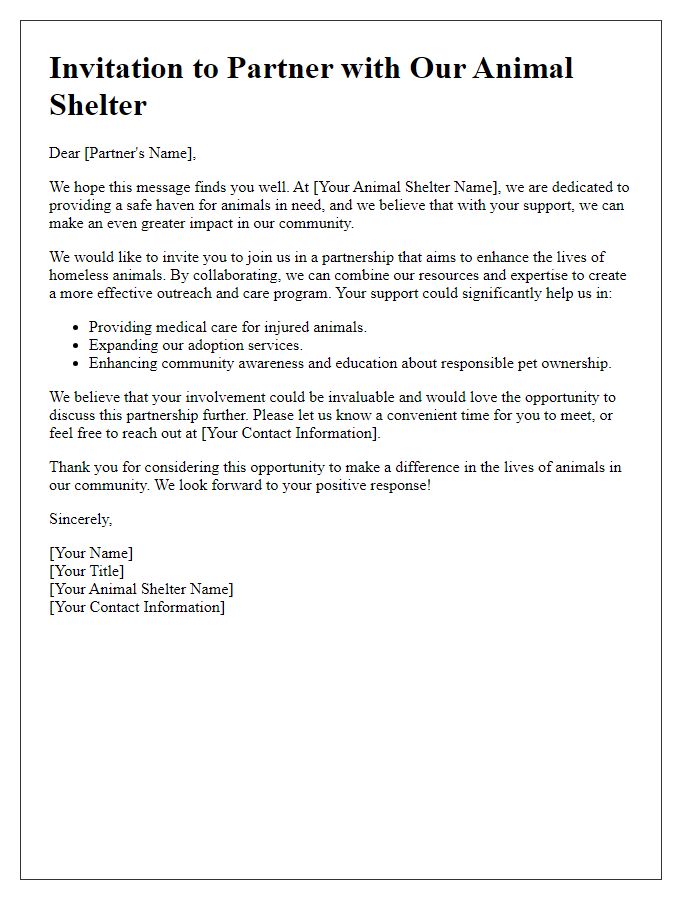 Letter template of partnership invitation for animal shelter support