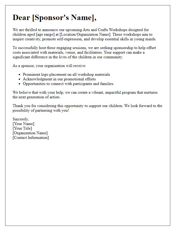 Letter template of children's program sponsorship for arts and crafts workshops.