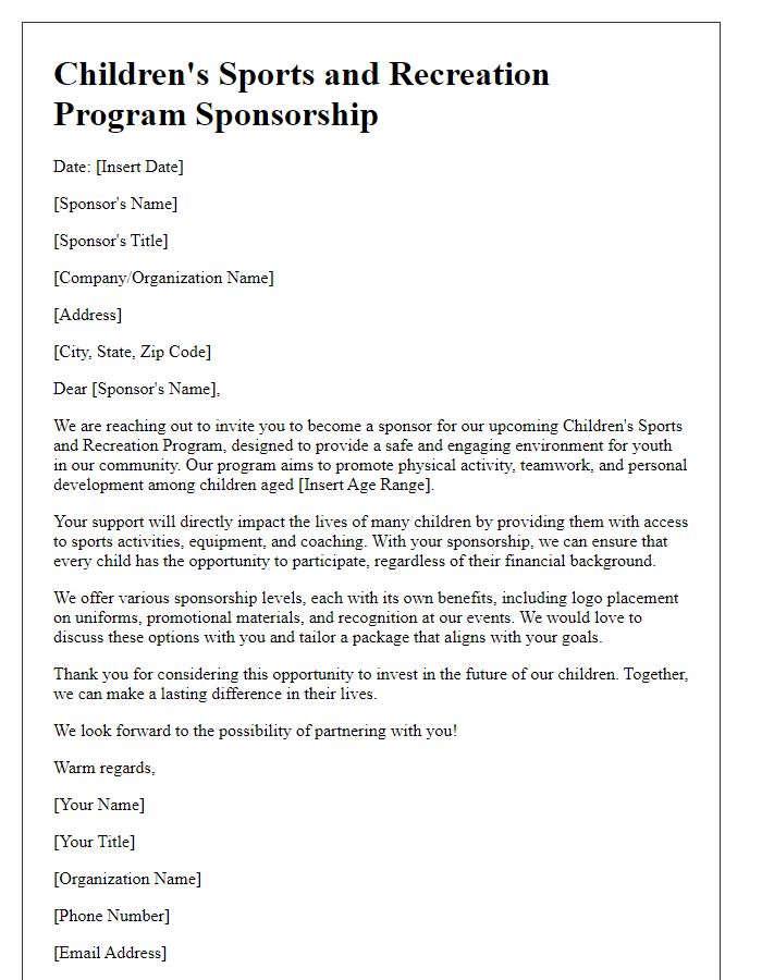 Letter template of children's program sponsorship for sports and recreation.