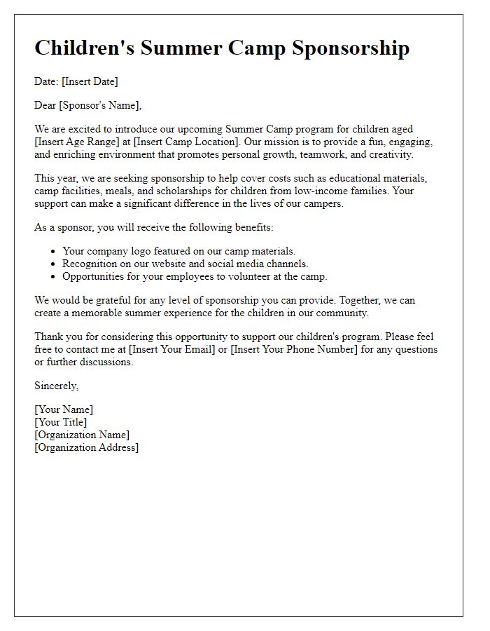 Letter template of children's program sponsorship for summer camps.