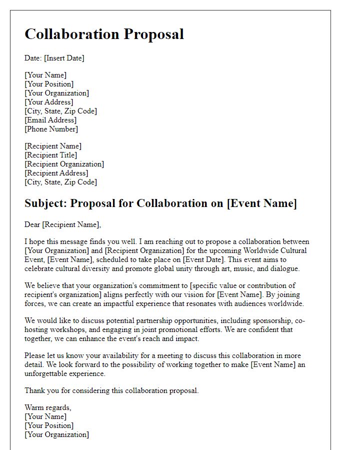 Letter template of collaboration proposal for worldwide cultural event.