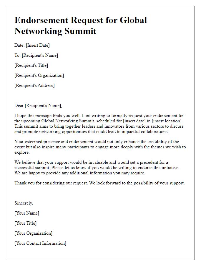 Letter template of endorsement request for global networking summit.