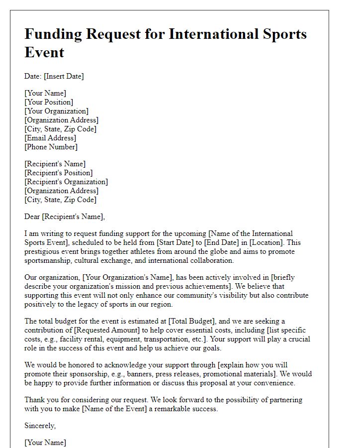 Letter template of funding request for international sports event.