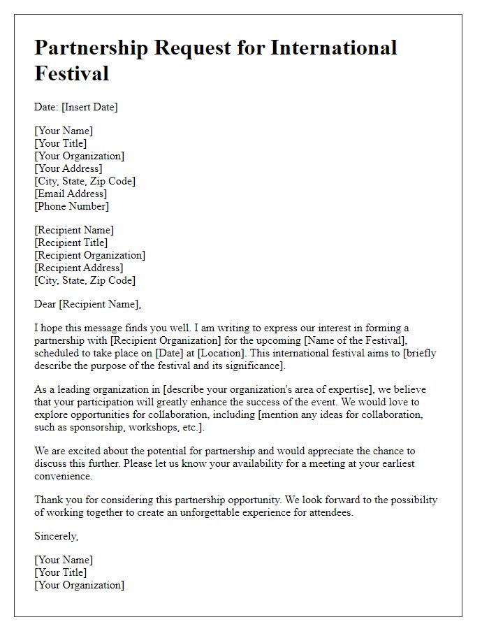 Letter template of partnership request for international festival.