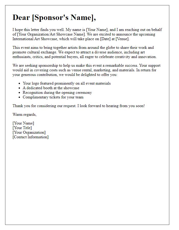 Letter template of sponsorship appeal for international art showcase.