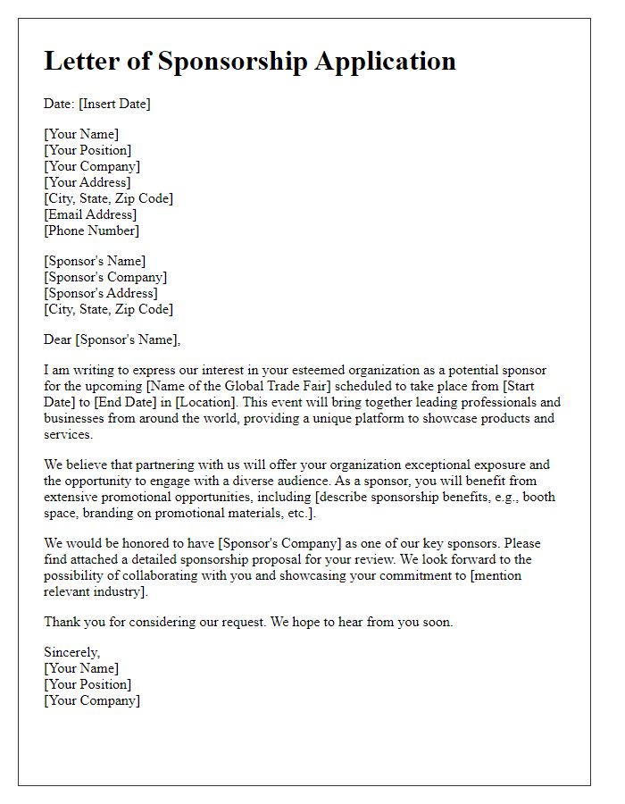 Letter template of sponsorship application for global trade fair.