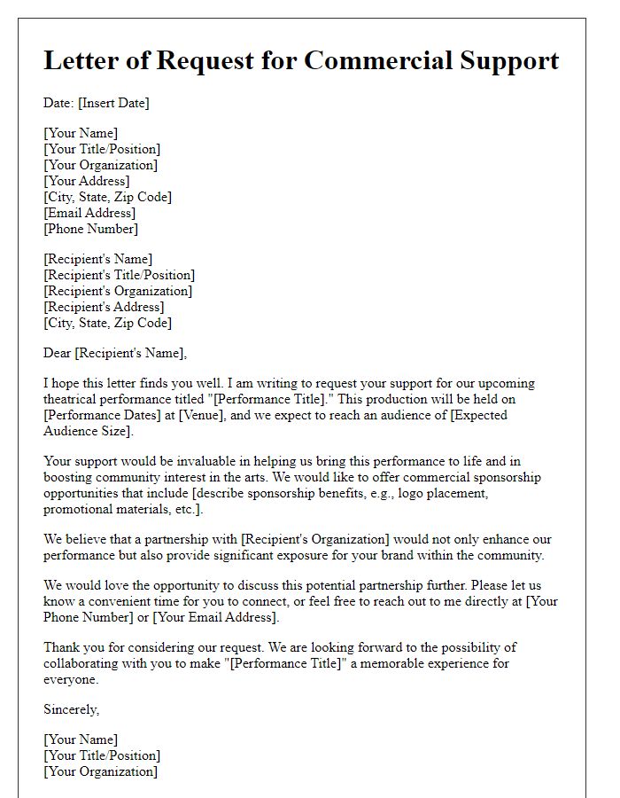 Letter template of commercial support request for theatrical performance.