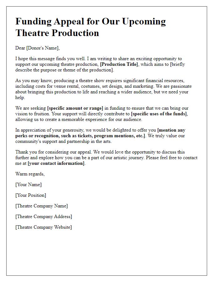 Letter template of funding appeal for upcoming theatre production.